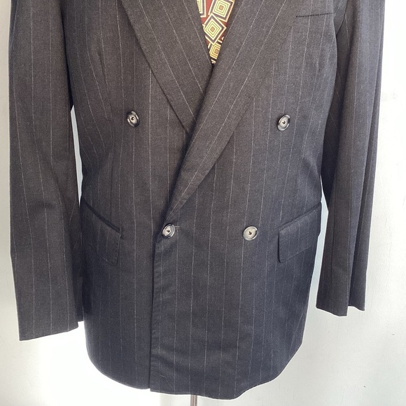 Double Breasted Peak Collar Charcoal/ Blue Bespoke Pinstripe Suit Coat 42 Reg - Picture 2 of 12
